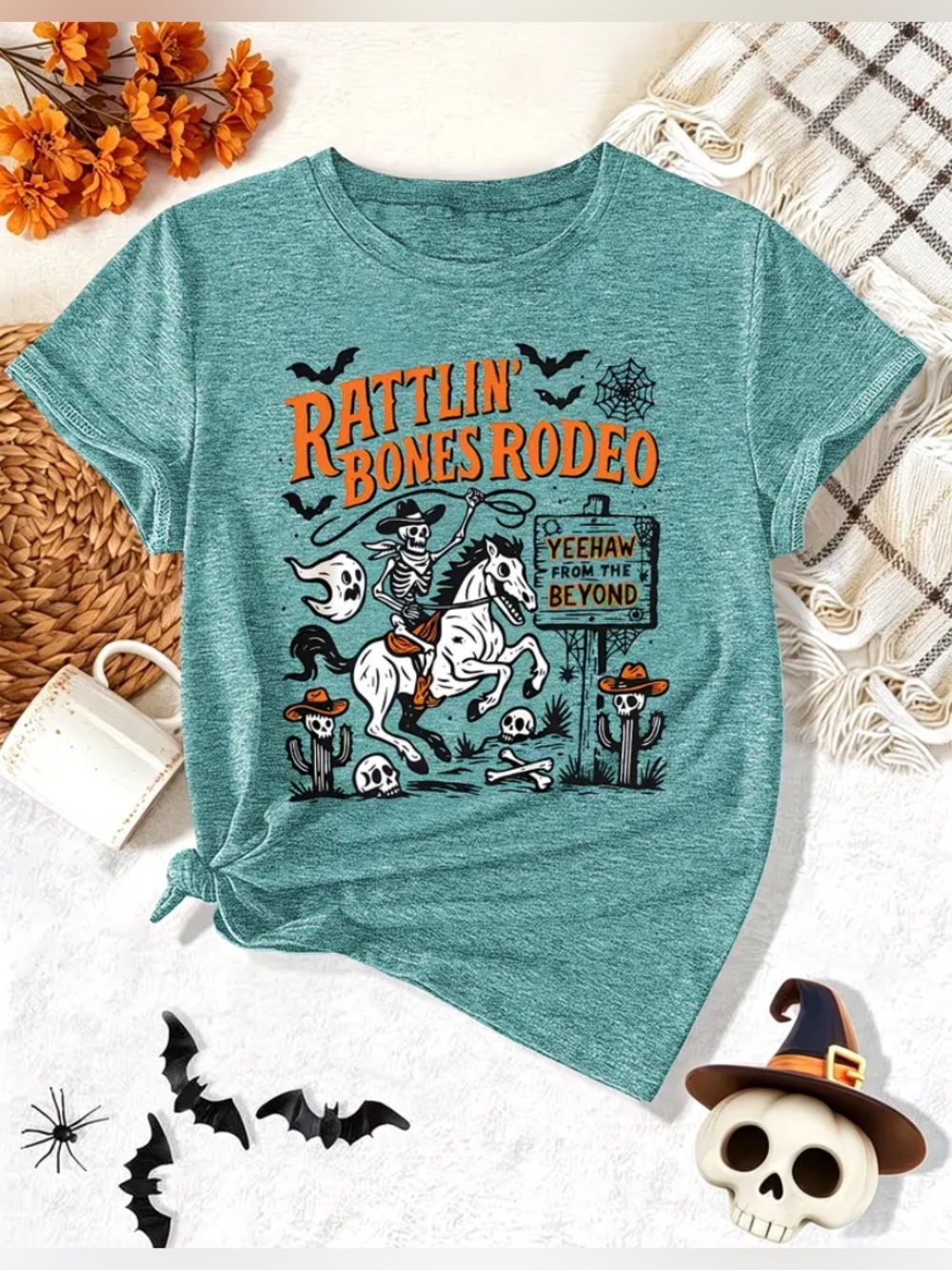 Halloween Teal 'Rattlin' Bones Rodeo' Graphic Tee